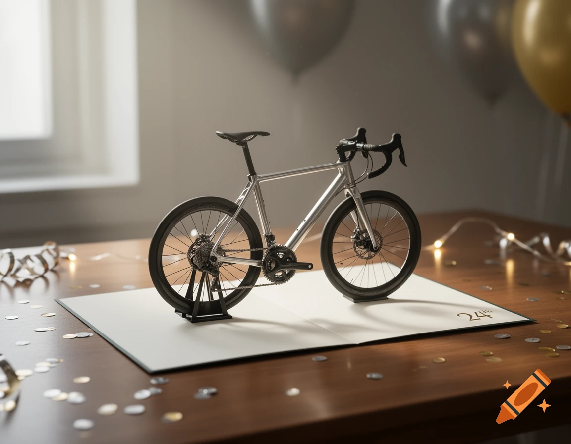 A miniature silver road bicycle stands on a 24th birthday card on a wooden table, surrounded by confetti and balloons.