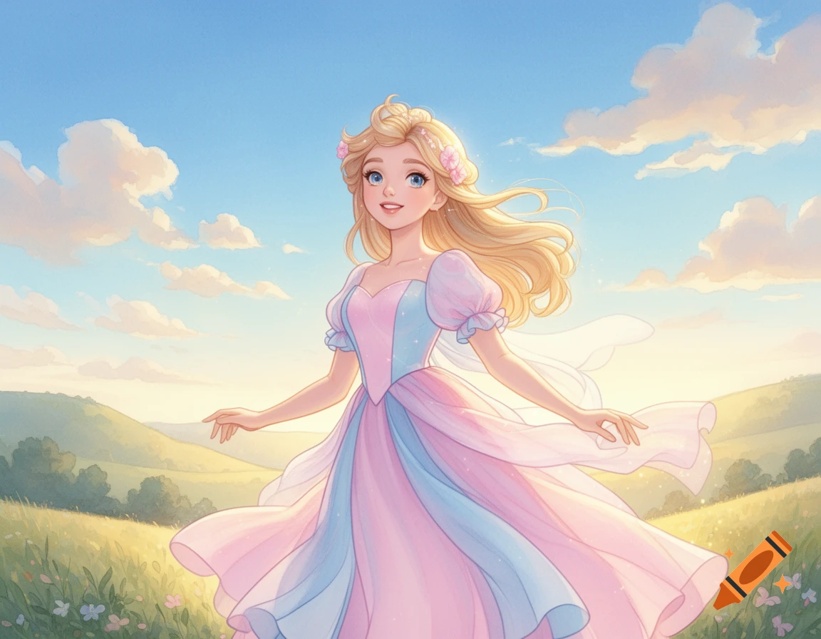 A smiling cartoon girl with blonde hair in a flowing pink and blue pastel dress stands in a sunny green field under a blue sky.