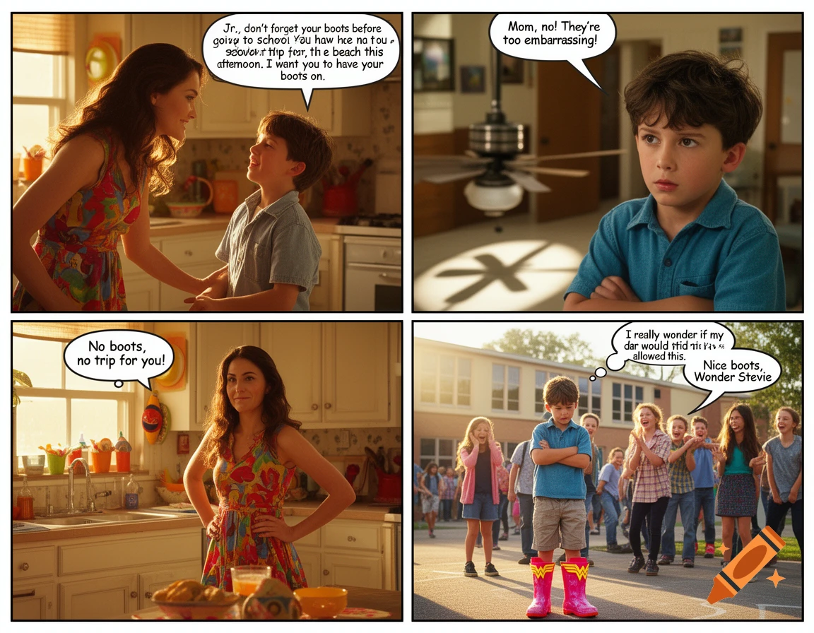 A live-action comic strip shows a mother talking to her son in the kitchen, followed by the son at school wearing pink Wonder Woman boots, being laughed at by classmates.
