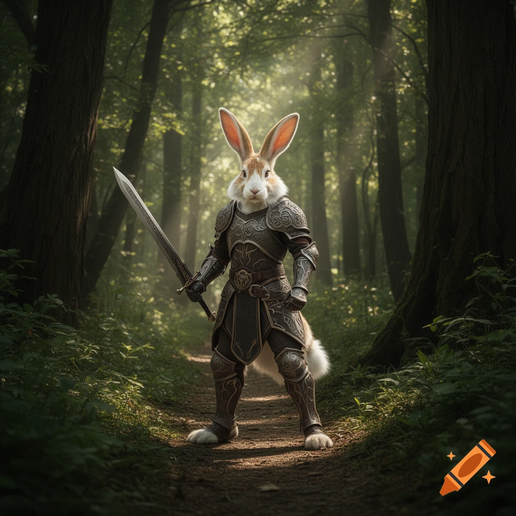 A photorealistic harengon in ornate armor stands holding a sword on a sunlit forest path.