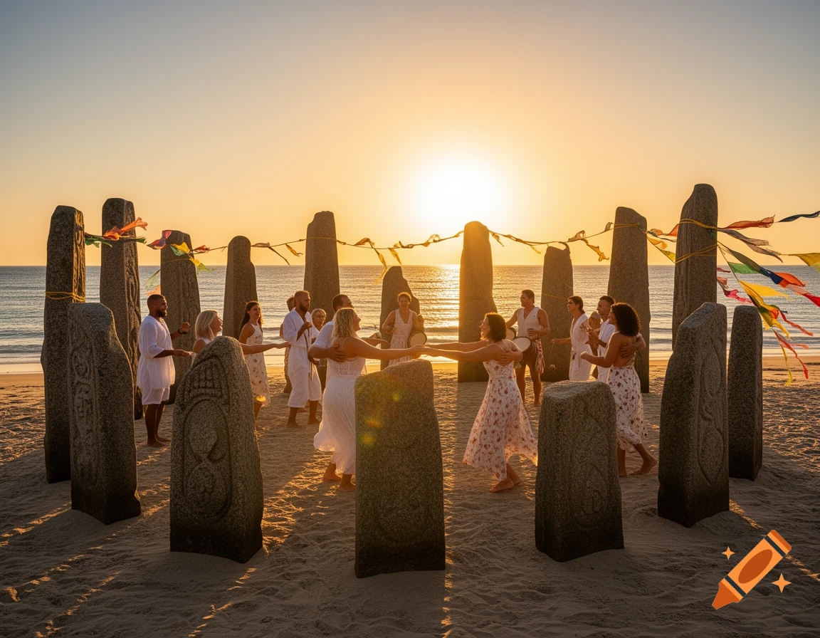 A group of people in white attire gather in a circle of ancient stones on a beach at sunset, performing a ritual.