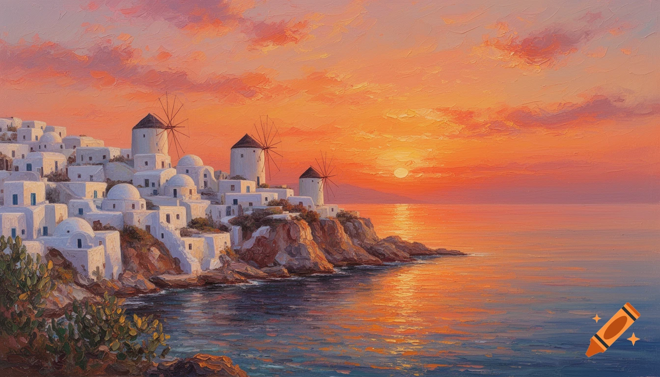 Oil painting of a whitewashed cliffside village with windmills overlooking the sea at sunset with an orange-pink sky.