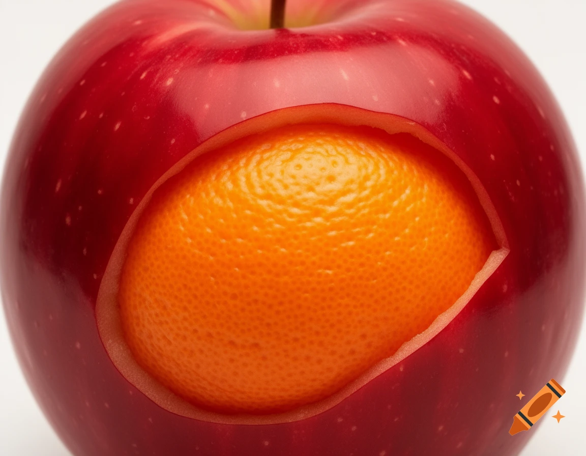 A crisp macro photograph of a red apple with its skin peeled to reveal a bright orange inside, on a white background.