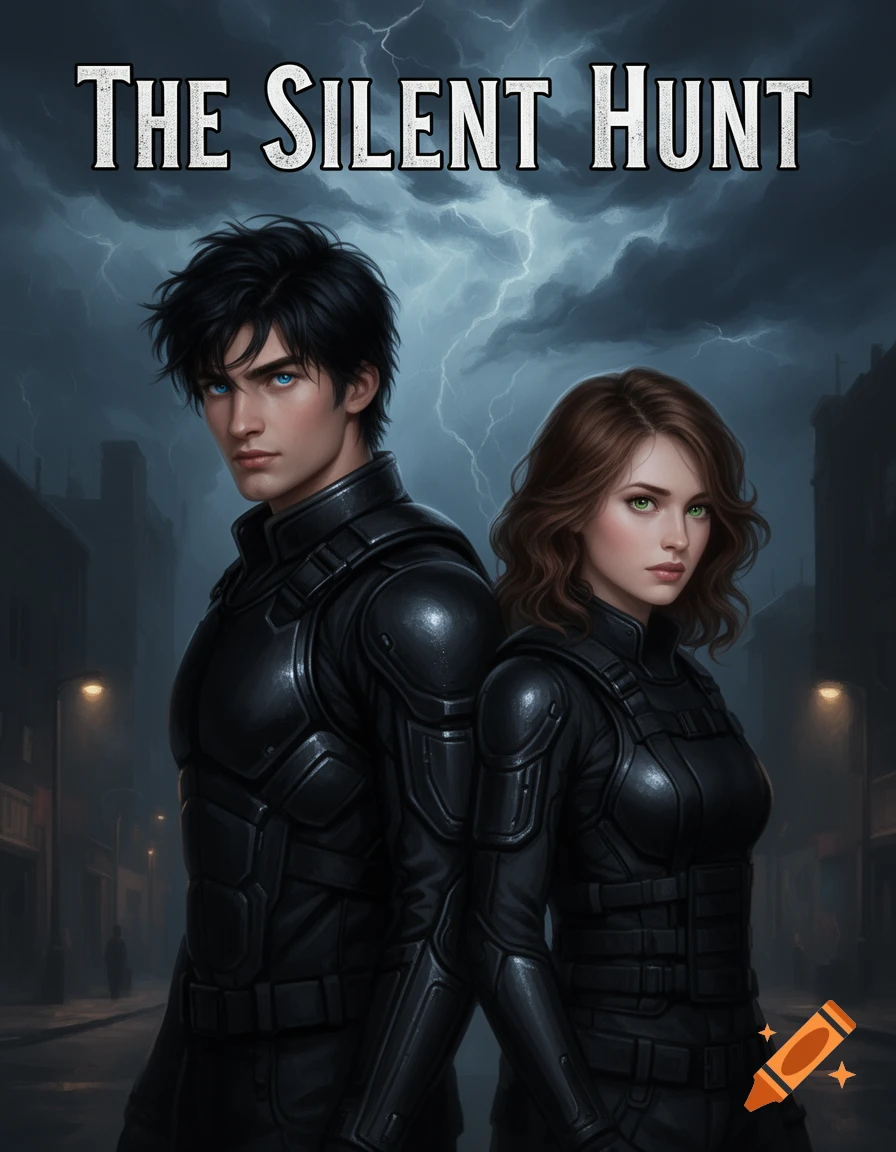 Book cover featuring a black-haired man with blue eyes and a brown-haired woman with green eyes in tactical gear against a stormy city, titled 'THE SILENT HUNT'.
