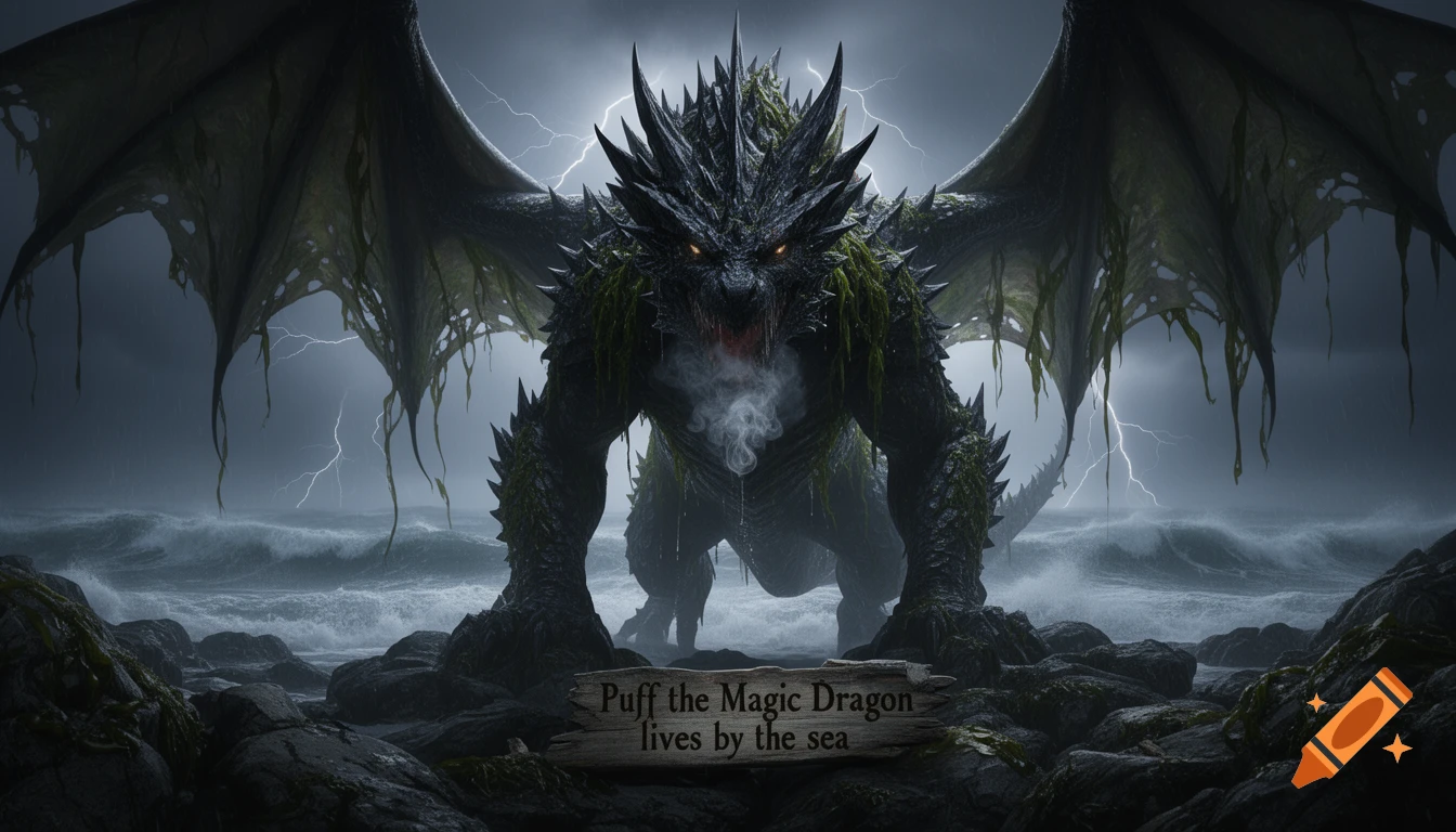 A monstrous, dark dragon with glowing eyes and tattered wings stands on a stormy, rocky shore. Steam billows from its mouth, with lightning in the background. A sign reads 'Puff the Magic Dragon lives by the sea'.