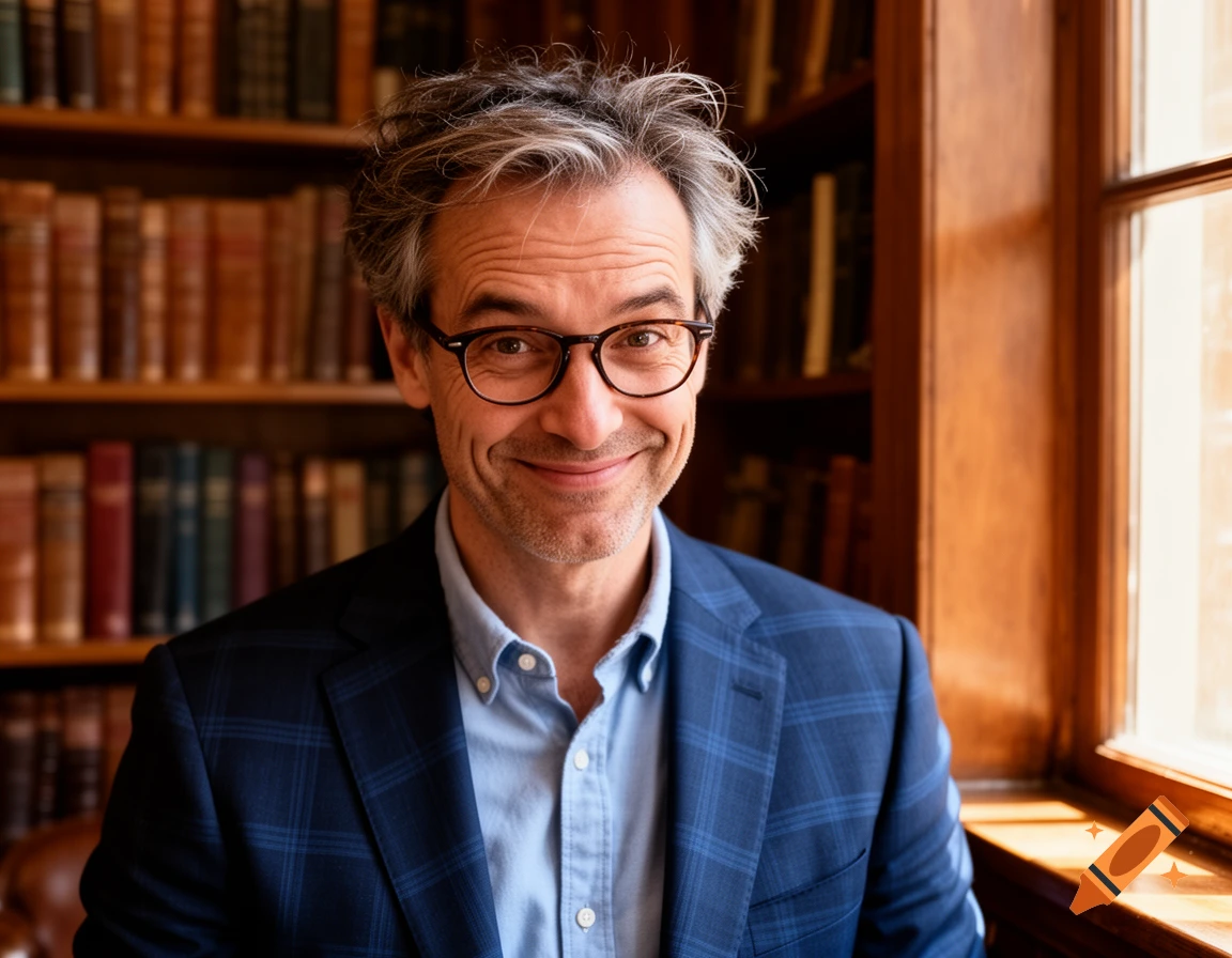 A smiling man with glasses and graying hair looks amusedly over his glasses, standing in a library with bookshelves behind him.