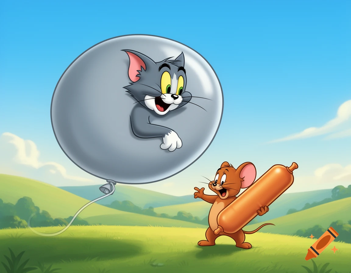 Cartoon Tom inside a large gray balloon, while Jerry holds a large orange sausage to inflate it, in a green hilly landscape.