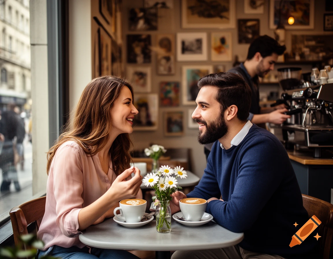 A smiling couple enjoys coffee at a cafe table, looking at each other happily. A barista works in the background.