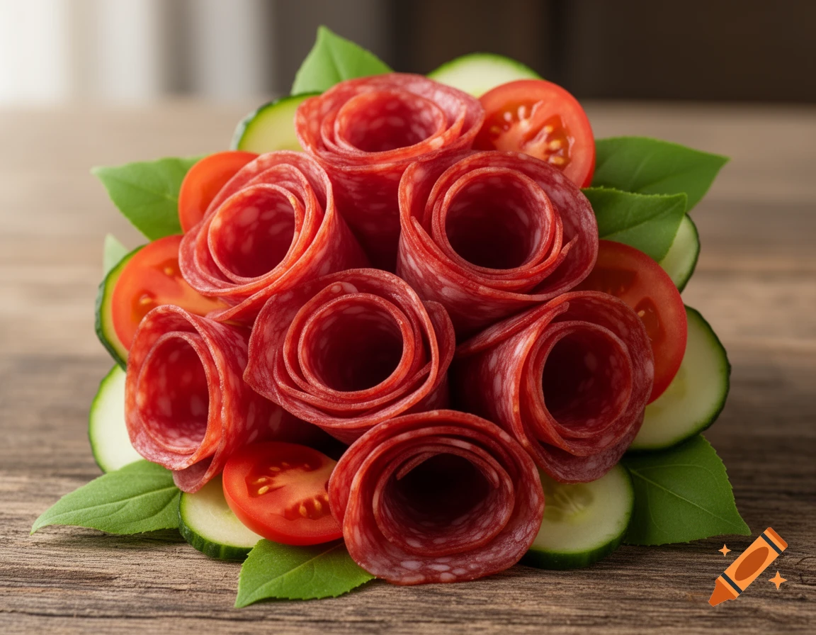 A photorealistic bouquet of rolled salami roses, tomato and cucumber slices, and green leaves on a wooden surface.