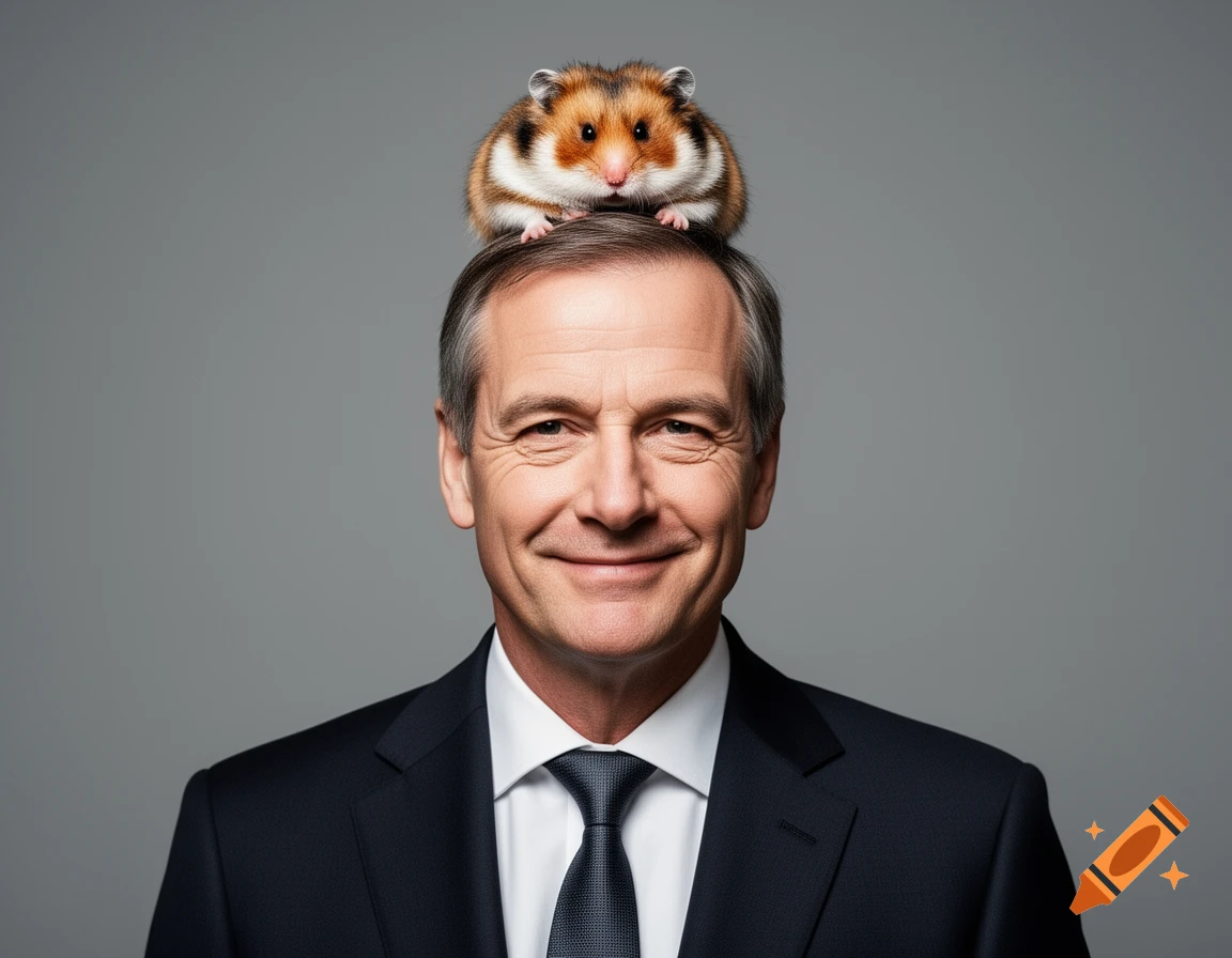 A smiling man in a dark suit and tie with a fluffy hamster perched on his head, against a gray background in a photorealistic style.