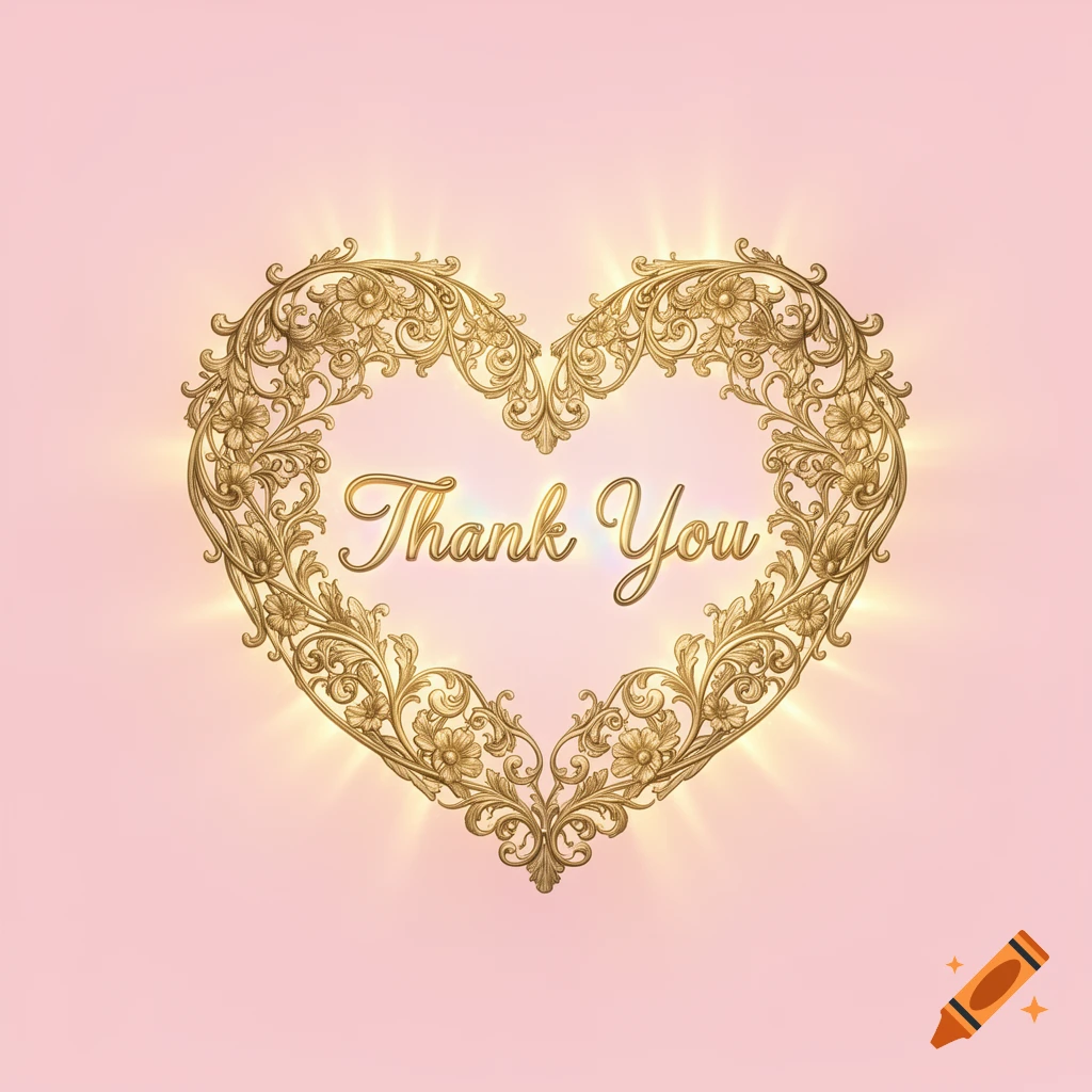 Golden ornamental heart with 'Thank You' in script, glowing on a pink background.