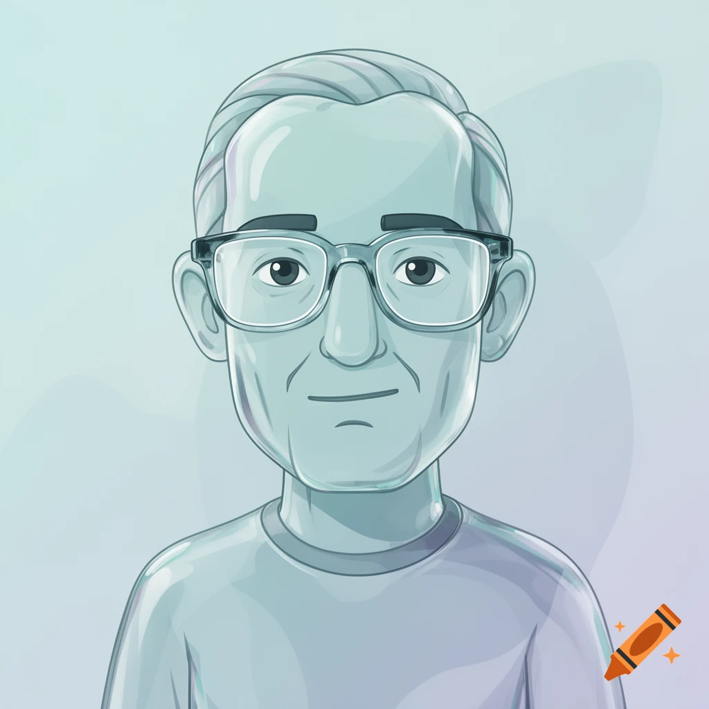 Glassmorphic cartoon illustration of an older man with glasses, depicted as a mascot.