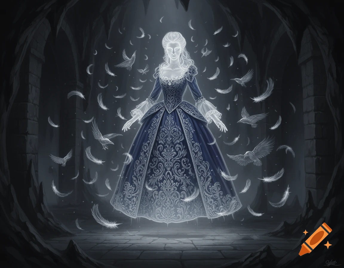 A glowing ghostly woman in an ornate blue baroque gown, surrounded by swirling white feathers and birds, in a dark castle grotto, digital painting.