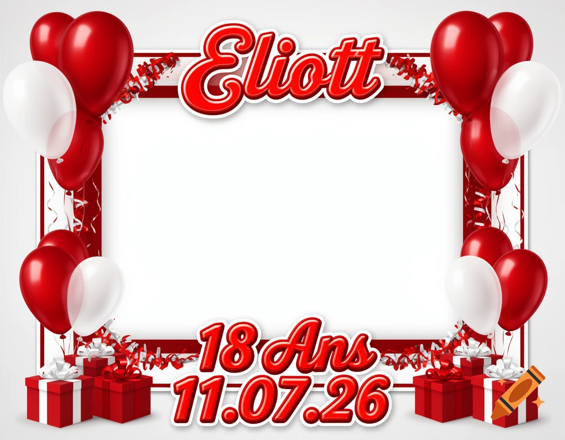 Red and white birthday photo booth frame with balloons, gifts, and 'Eliott 18 Ans 11.07.26' text.