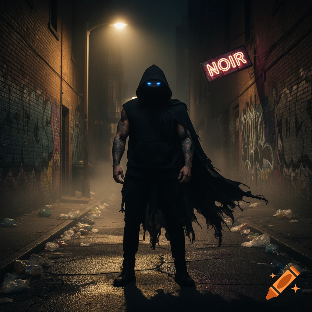 A hooded figure with glowing blue eyes and a tattered cloak stands in a dark, graffiti-covered alley under a neon 'NOIR' sign.