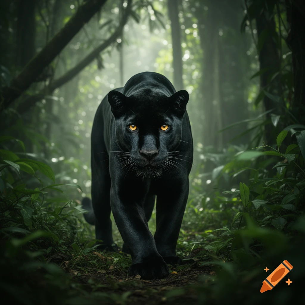 A photorealistic black panther with glowing yellow eyes walks through a lush, misty jungle.