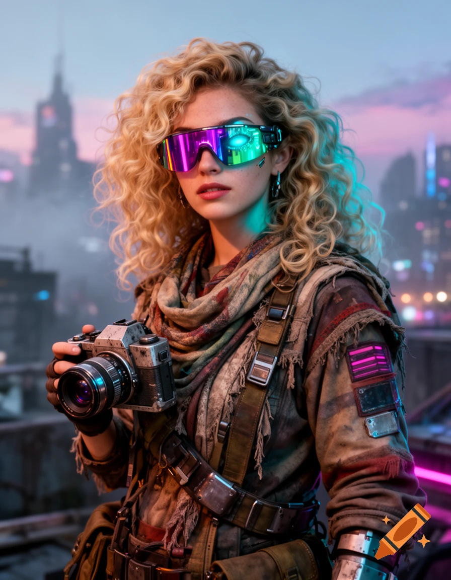 A cyberpunk woman with curly blonde hair, reflective goggles, wearing nomad-style clothing, holding a vintage camera, against a futuristic city skyline at dusk.