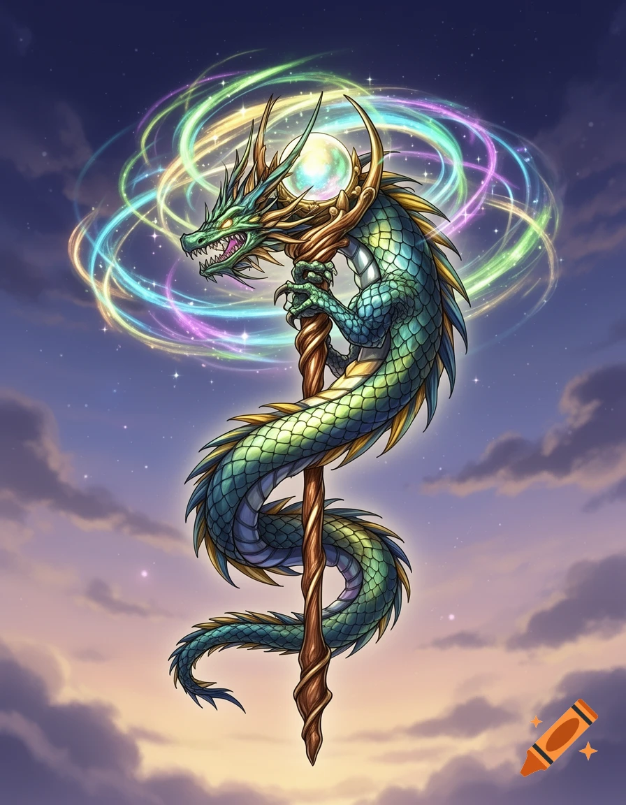 An anime-style green and gold dragon coiled around a staff, holding a glowing orb, surrounded by a magical aura in a starry twilight sky.
