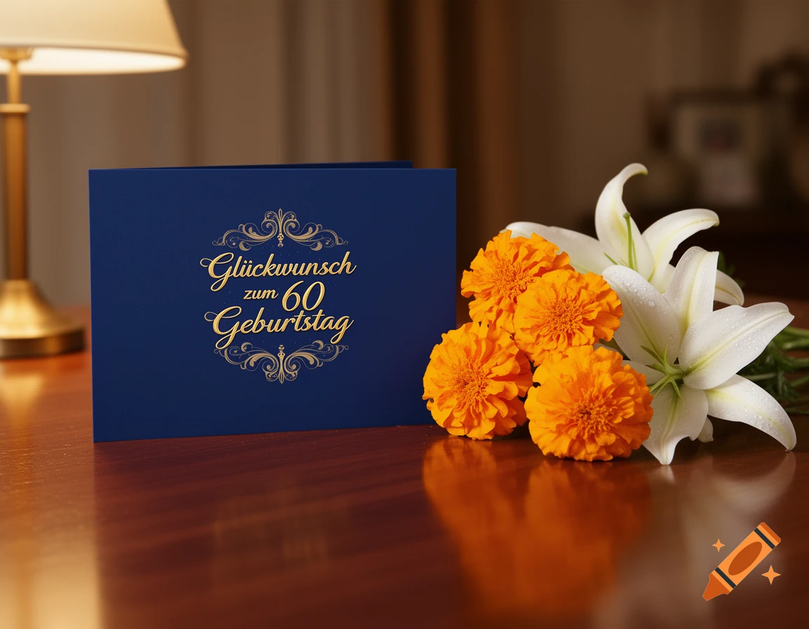 A dark blue greeting card with gold ornate text "Glückwunsch zum 60 Geburtstag" next to orange marigolds and white lilies on a wooden table.