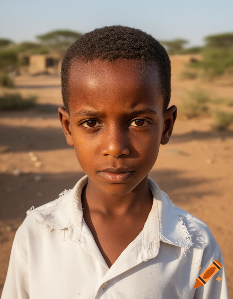 Close-up photorealistic portrait of a young Somalian boy in a white shirt, looking directly at the viewer with a desert background.