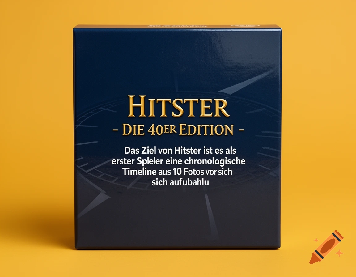 A dark blue board game box for 'Hitster - Die 40er Edition' with gold and white German text, placed against a vibrant yellow background.