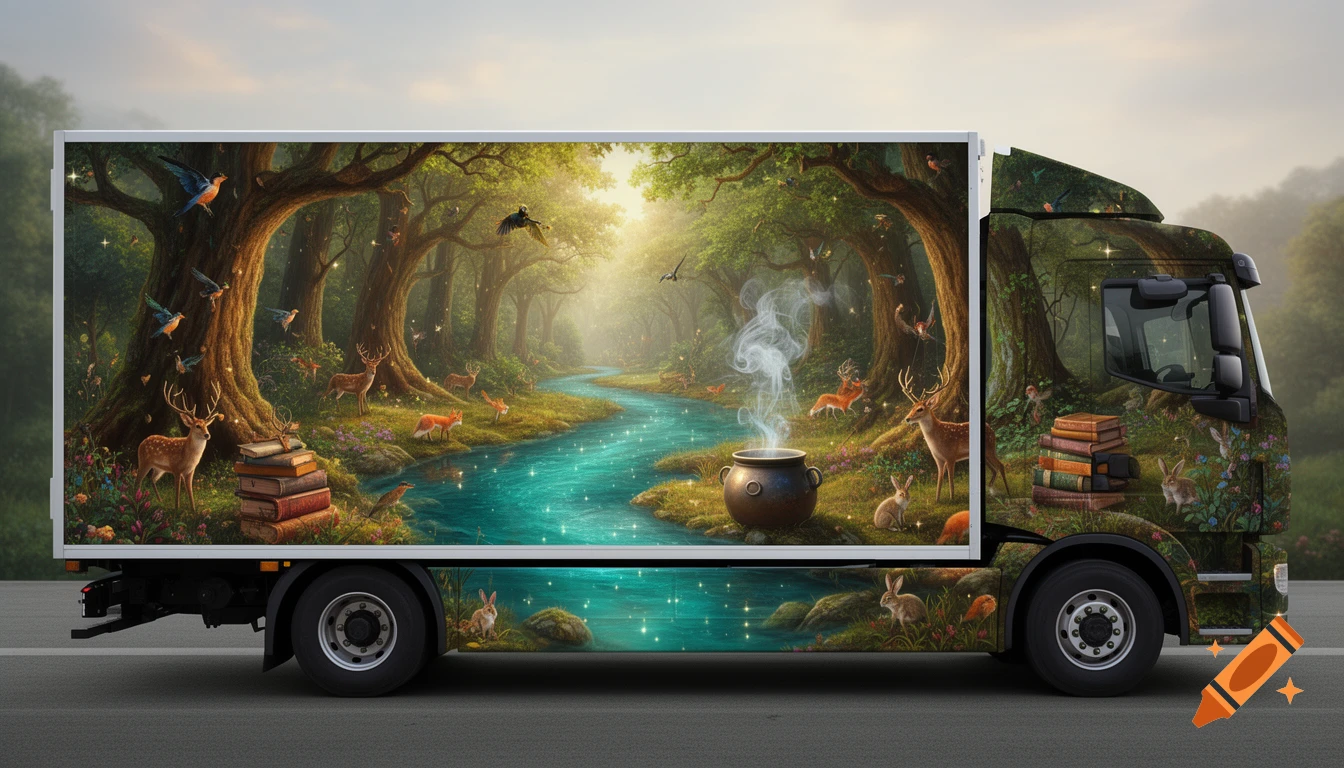 A truck decorated with a vibrant, detailed fantasy illustration of a magical forest with a river, animals, stacked books, and a smoking cauldron.