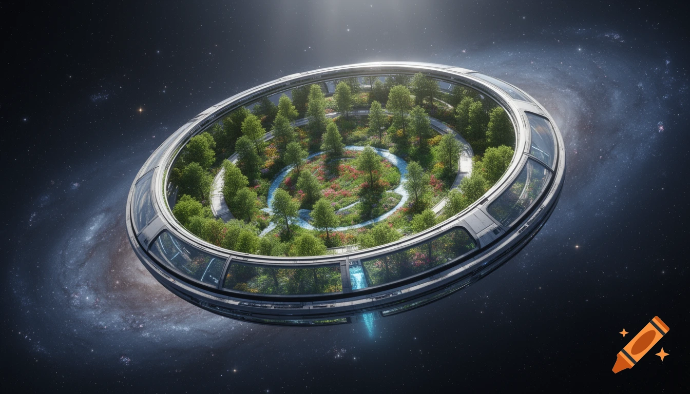 A large, circular space station with lush green trees, vibrant flowers, and a winding river inside, floating in deep space against a backdrop of a swirling galaxy.