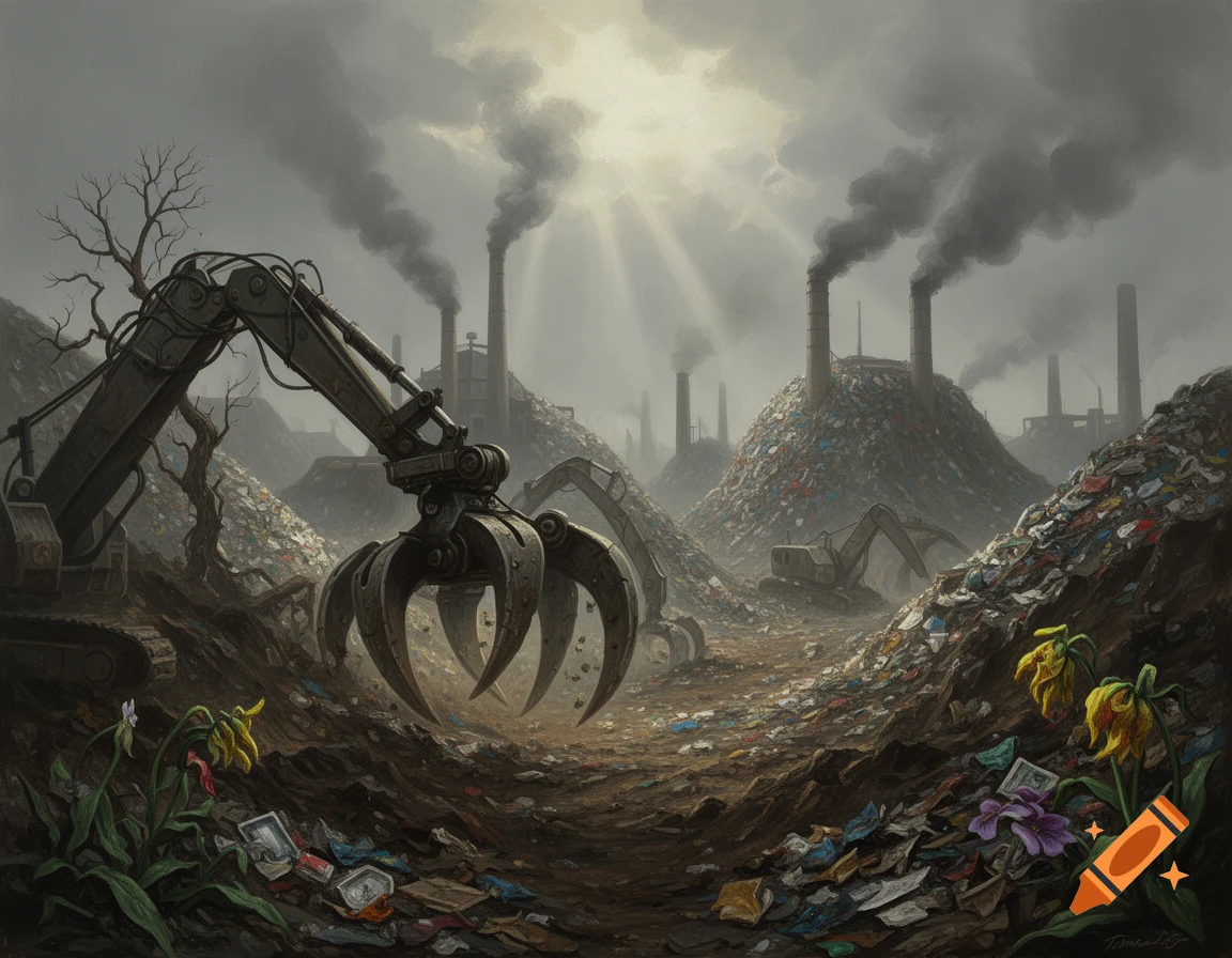 A painting of a vast, gloomy industrial landfill with excavators, smoking chimneys, and wilting flowers in the foreground.