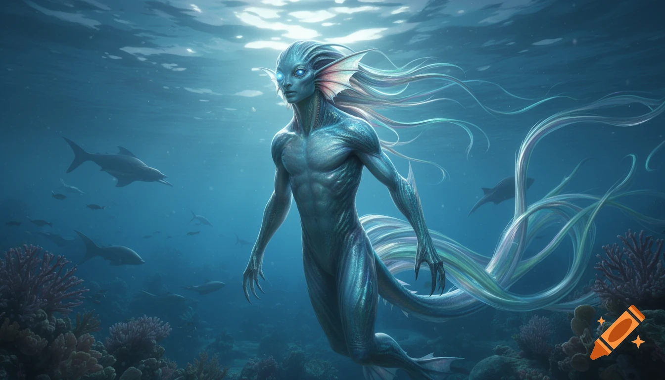 A muscular blue-skinned male humanoid alien with glowing eyes and flowing fins, swimming underwater with sharks and coral.