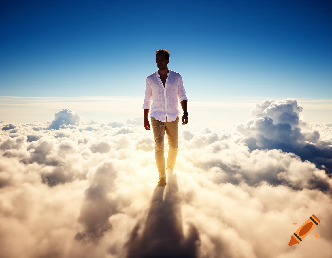 A man walks on a path of fluffy white clouds under a clear blue sky, with bright light behind him.