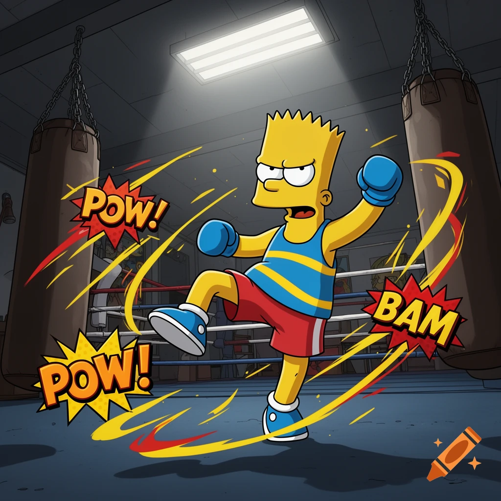 Bart Simpson kickboxing in a gym, with comic book sound effects 'POW!' and 'BAM!' around him.