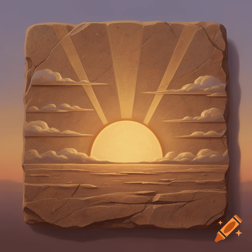 Weathered sandstone tablet relief carving of a sunrise with golden rays, clouds, and a horizon, in the style of The Lion King.