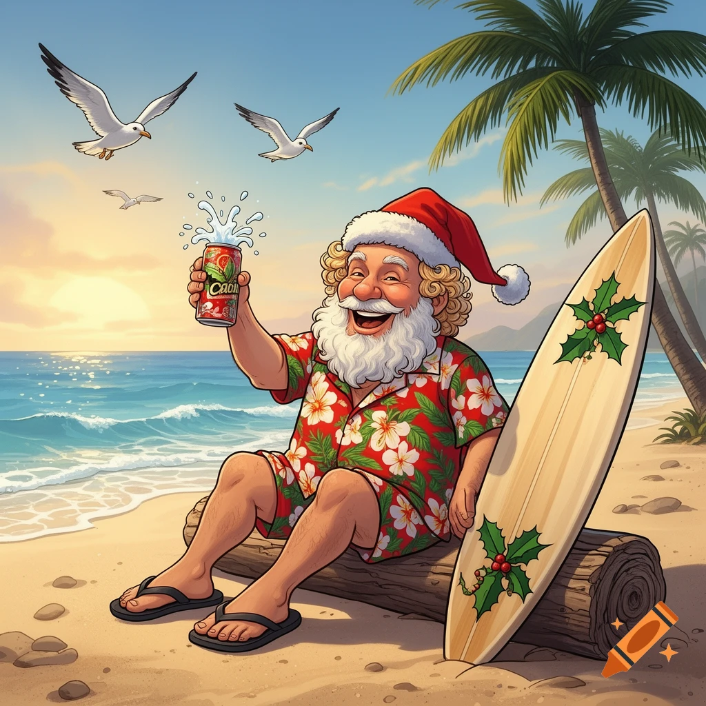 Cartoon Santa in a Hawaiian shirt and shorts sits on a log on a sandy beach, holding a splashing can, with a surfboard and palm trees nearby.