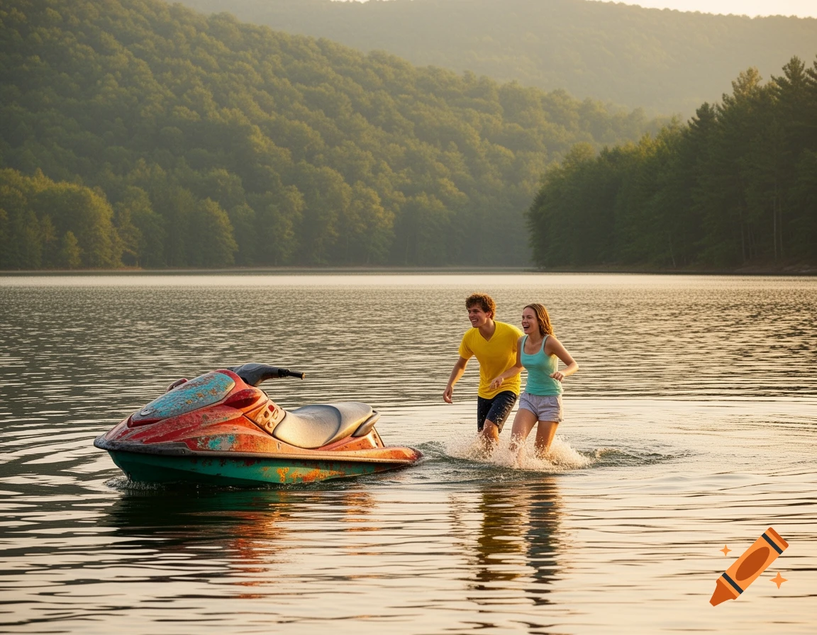 A man and a woman run through a lake next to an old, partially submerged jet ski, with forested hills in the background under golden hour light.