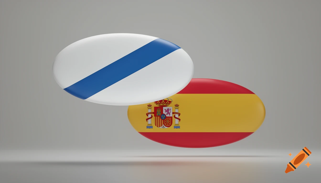 Two shiny, oval-shaped flags, one for Galicia (white with a blue diagonal stripe) and one for Spain, float against a grey background.