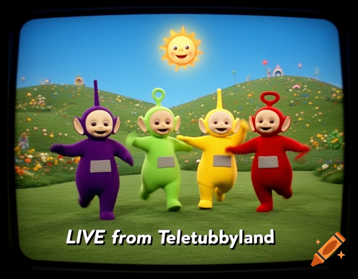 Four colorful Teletubbies on a grassy hill under a smiling sun, displayed on a retro TV screen with 'LIVE from Teletubbyland' text.