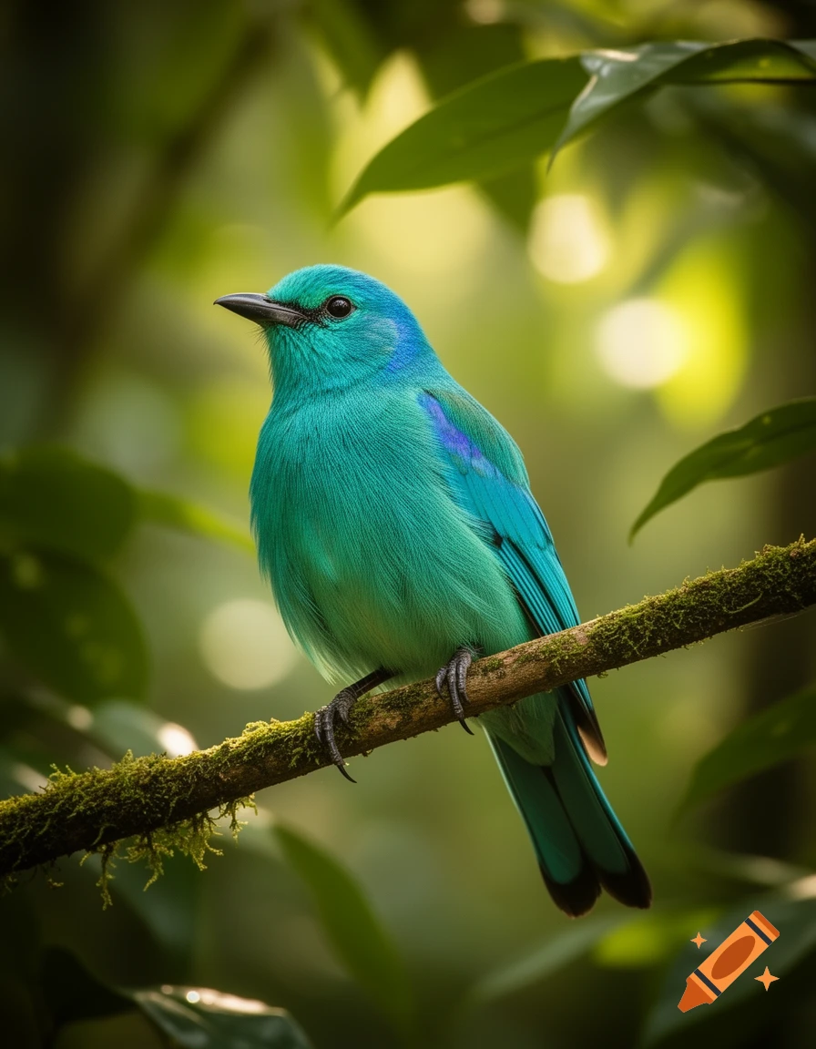 A vibrant blue-green bird with subtle purple markings perches on a mossy branch in a lush, green forest.