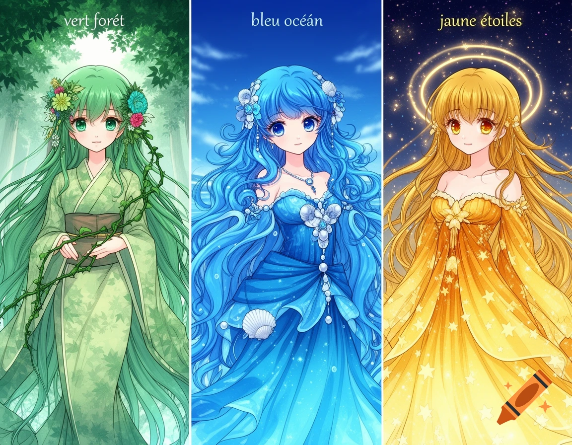 Three anime girls, each with a distinct theme: green forest, blue ocean, and yellow stars, with corresponding outfits and hair.
