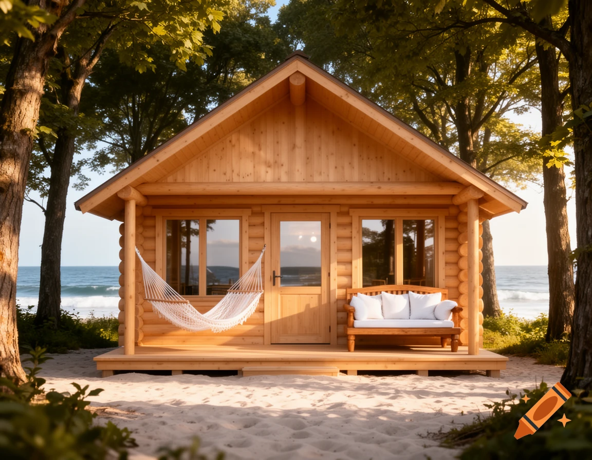 A log cabin on a sandy beach surrounded by trees, with a white hammock and a wooden bench on its porch, overlooking the ocean.