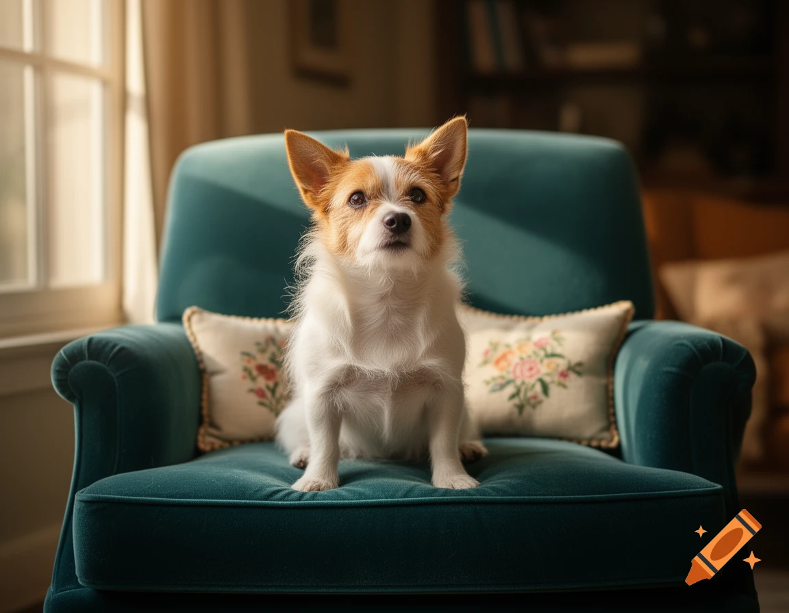 A small white and brown dog sits upright on a teal velvet armchair in a sunlit room, photorealistic.