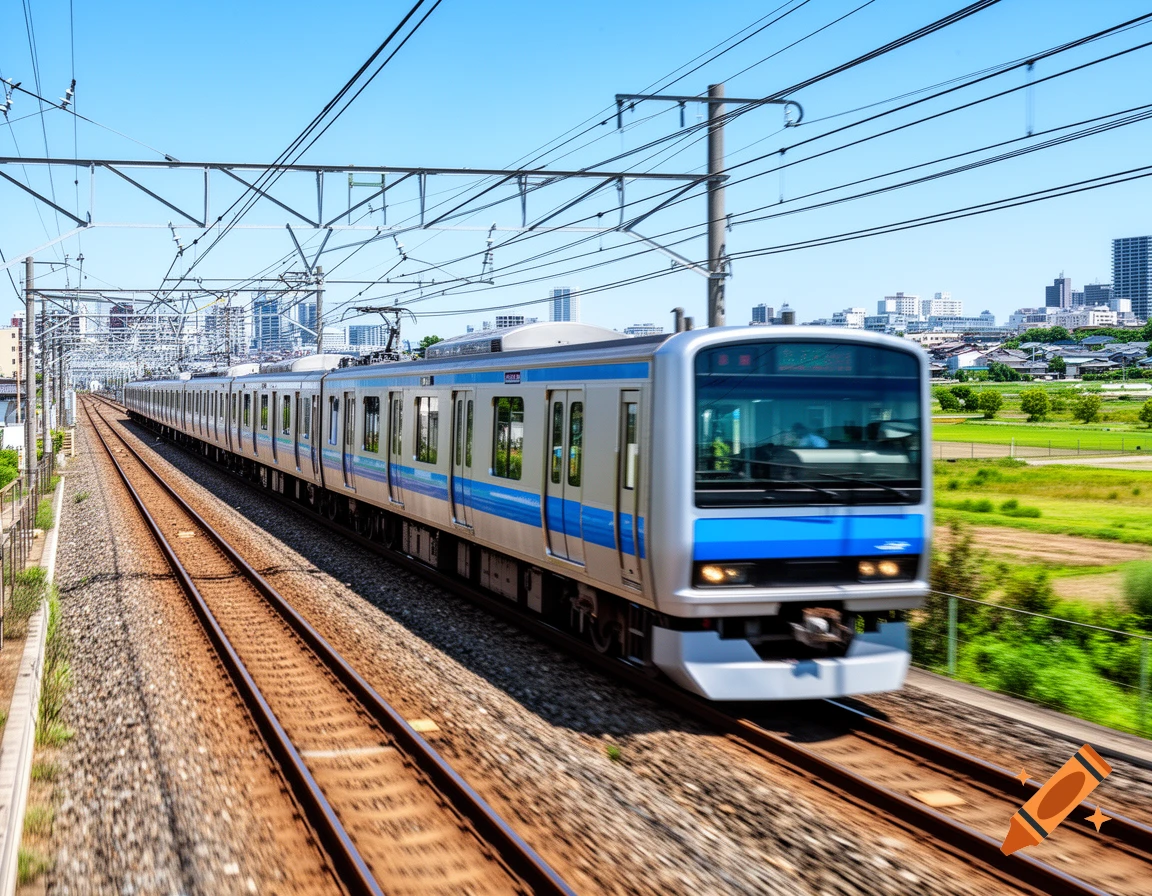 A silver and blue train with motion blur speeds along tracks past a city skyline under a clear blue sky.