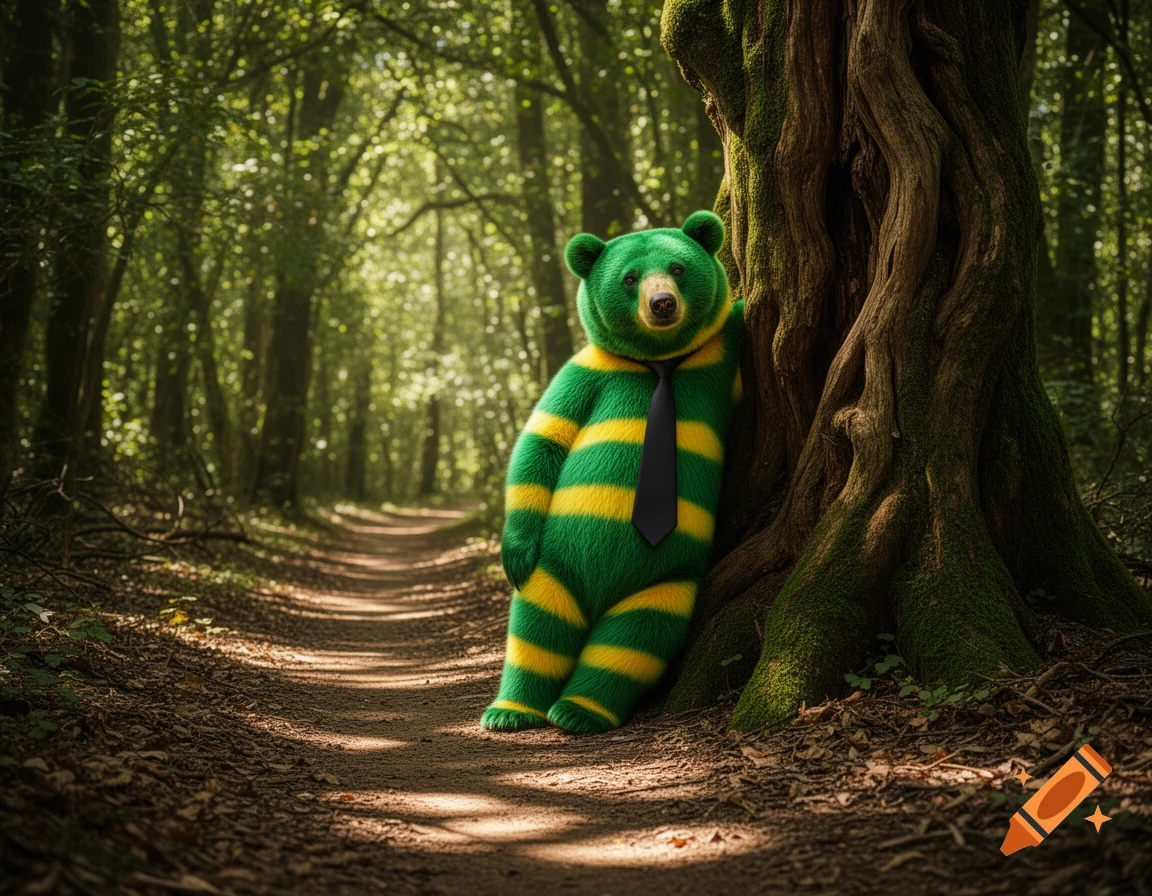 A photorealistic green and yellow striped bear wearing a black tie leans against a mossy tree in a sunlit forest.