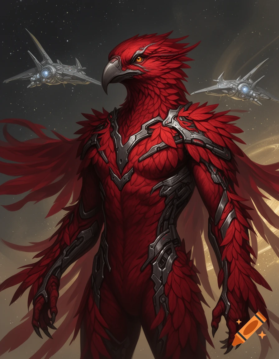 Detailed illustration of a red-feathered bird humanoid in dark metallic armor, against a starry space background with two sleek spacecraft.