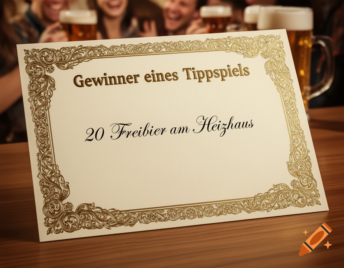A certificate for '20 Freibier am Heizhaus' (20 free beers) on a table, with blurred people and beer mugs in the background.