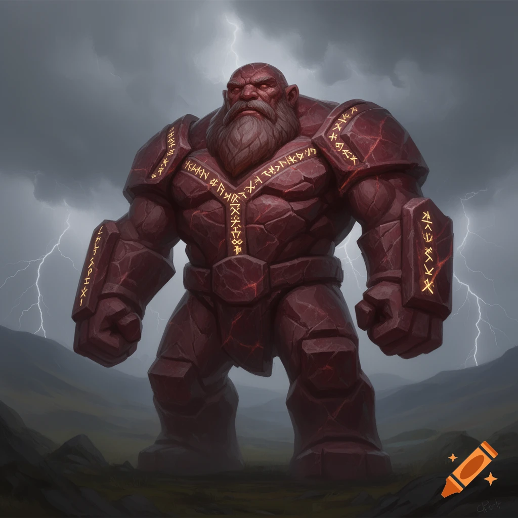 A massive, red-stone golem resembling a dwarf, covered in glowing golden runes, stands in a desolate landscape under a stormy, lightning-filled sky.