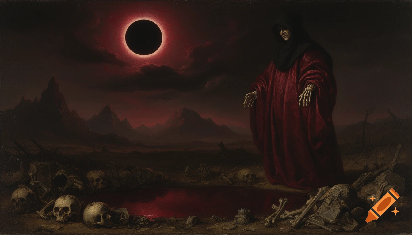 A hooded figure with skeletal hands stands in a dark, apocalyptic landscape with skulls and a red pool under a solar eclipse, in an oil painting style.