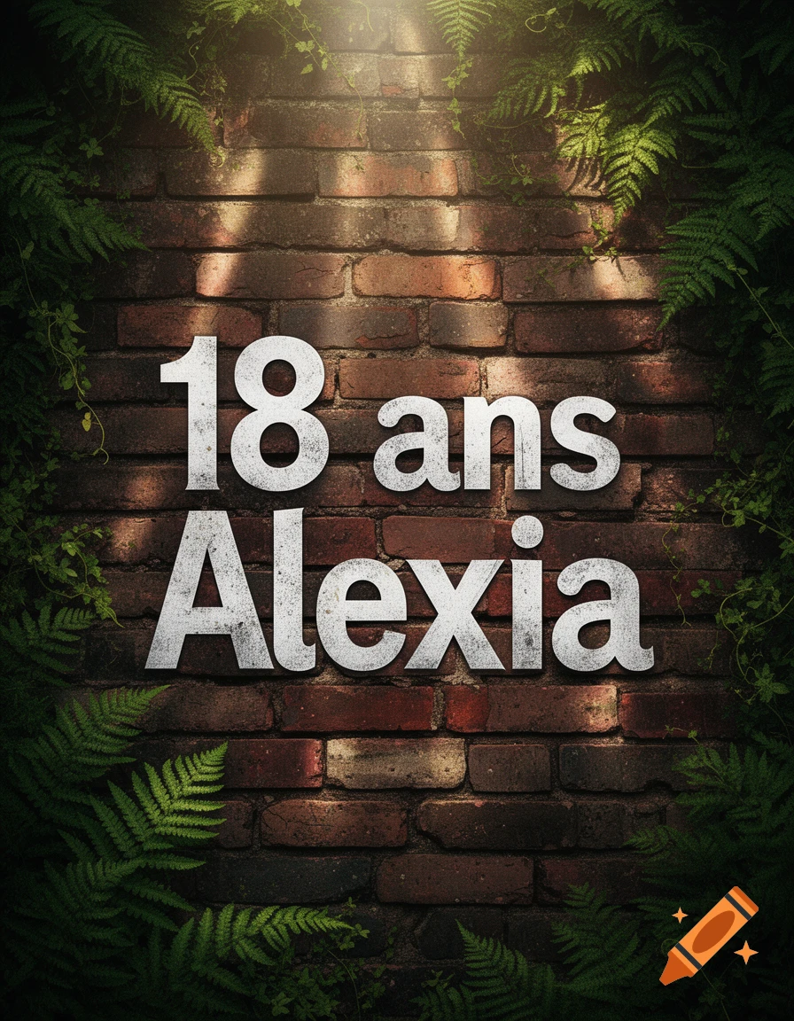 Text '18 ans Alexia' on a brick wall covered in ferns with dappled sunlight.