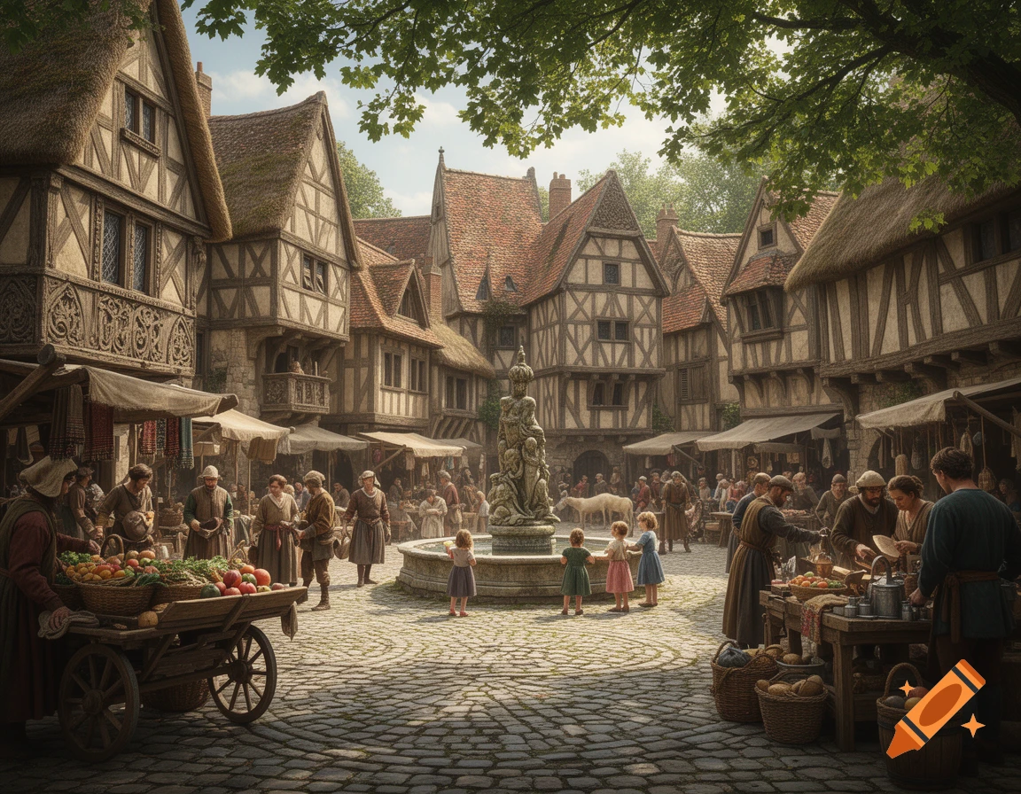 A bustling medieval market square filled with people, vendors selling goods from carts, timber-framed buildings, and a central fountain.