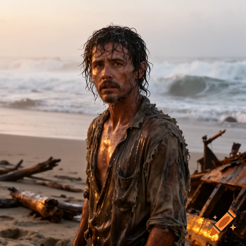 A wet, ragged shipwreck survivor stands on a sandy beach at sunset, with waves and a broken boat in the background.