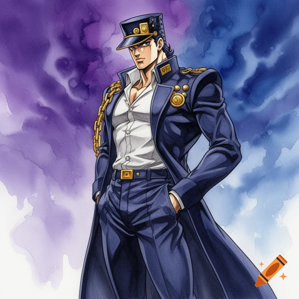 A watercolor painting of Jotaro Kujo, an anime character, in a dark blue coat and hat, standing against a purple and blue background.